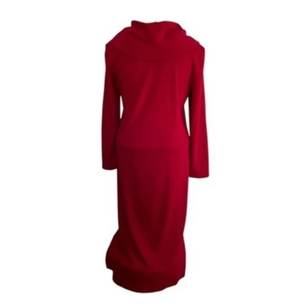 Nina Leonard Womens Red Cowl Neck Long Sleeve Knit Sweater Midi Dress Size L